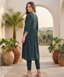Varanga Women Grey Yoke Embroidered Straight Kurta Paired With Tonal Solid Bottom And Dupatta