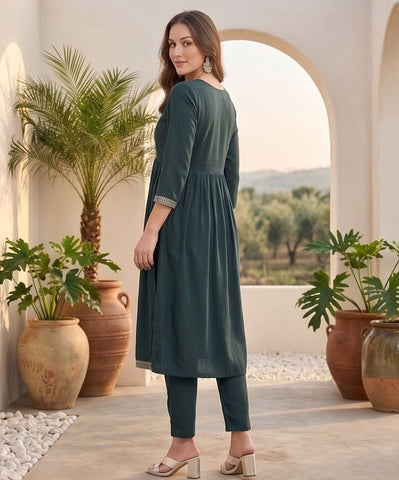 Varanga Women Grey Yoke Embroidered Straight Kurta Paired With Tonal Solid Bottom And Dupatta