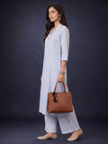 Women Blue Striped Shirt Collar Kurta Set