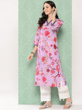 Varanga Women Lavender Floral Printed V-Neck Straight Kurta With Bell Sleeves