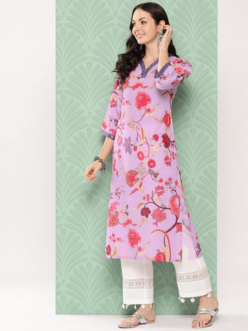 Varanga Women Lavender Floral Printed V-Neck Straight Kurta With Bell Sleeves