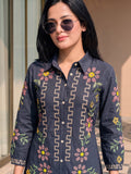 Blue Embroidered Shirt Dress Featuring Vibrant Floral Threadwork