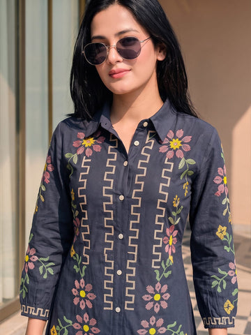 Blue Embroidered Shirt Dress Featuring Vibrant Floral Threadwork
