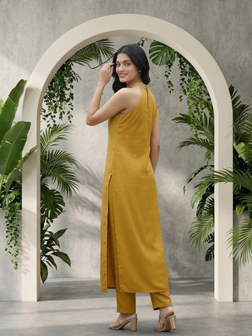 Varanga Women Mustard Halter Neck Straight Lurex Kurta with trouser