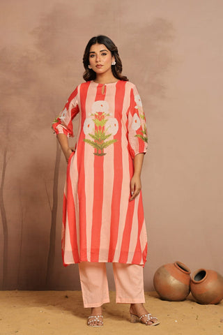 Peach & Red Botanical Kurta Set