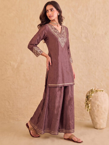 Brown Embroidered Kurta With Palazzo And Dupatta.
