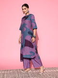 KSUT Purple Abstract Printed Mandarin Collar Kurta with Palazzos