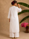 Ivory White Embroidered Kurta With Mandarin Collar And Geometric Thread Work