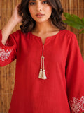 Women Red Embroidered Solid Straight Kurta With Trousers