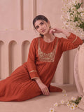Rust Zari Embroidered Kurta Set With Trouser And Dupatta
