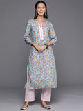 Varanga Women Blue And Pink Floral Printed Straight Kurta With Printed Trouser