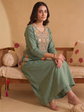 Women's Olive Green Mirror Embroidered Kurta Set with Cotton Dupatta