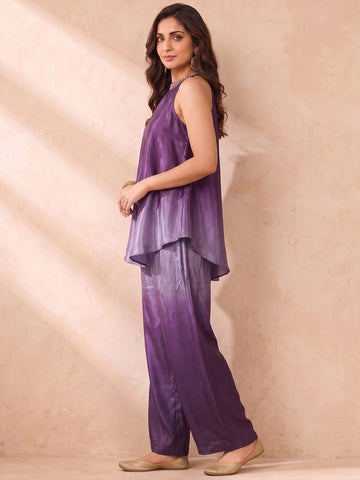 Varanga Women Ombre Dyed Mirror Work Silk Crepe Top with Palazzos