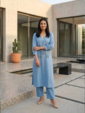 Glass Neck Blue Kurta Set In Cotton
