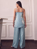 Icy Blue Square-Neck Top With Statement 3D Rose Paired With Wide-Leg Trousers