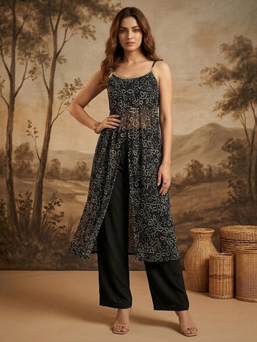 Midnight Bandhani High-Slit Kurta & Palazzo Set With Front High Slit Cut