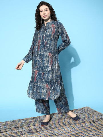 KSUT Blue Dyed Regular Bandhani Kurta with Trousers