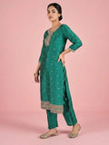 Teal Kurta Set Featuring Beadwork Detailing, Embroidered Hem Trousers, And A Hand-Embroidered Dupatta For A Timeless Ethnic Look.