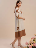 Off-White Color-Block A-Line Dress Featuring Handcrafted Floral Appliqué Work