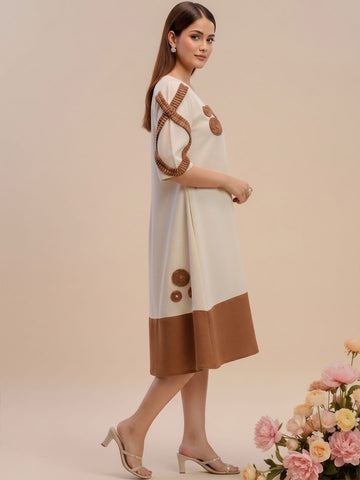 Off-White Color-Block A-Line Dress Featuring Handcrafted Floral Appliqué Work