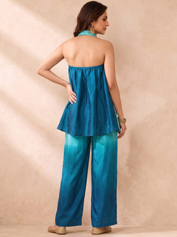 Varanga Women Ombre Dyed Halter Silk Crepe Top with Palazzos