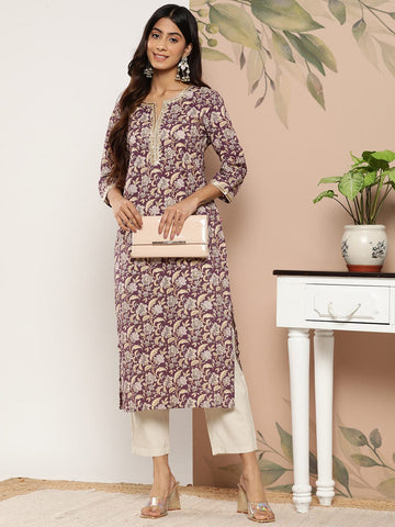 Varanga Women Purple & Gold-Toned Floral Printed Floral Kurta