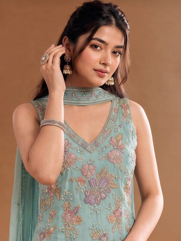 Women's Embroidered Shimmer Short Kurta With Palazzo And Dupatta
