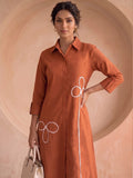 Casual Rust Shirt Dress With Thread Embroiderey Detailing