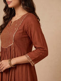 Rust Brown Zari-Work Anarkali Set With Organza Dupatta
