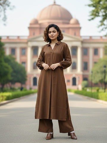 Brown Solid Kurta Set with shirt collar, Full Sleeves and Matching Trousers