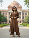 Brown Solid Kurta Set with shirt collar, Full Sleeves and Matching Trousers