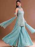 Sea Blue Embroidered Kurta Set Featuring Zari And Sequin Work With A Matching Flared Palazzo And Embellished Dupatta