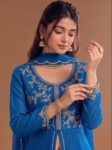 Varanga Blue Embroidered Palazzos With Dupatta | Poly Georgette | Festive