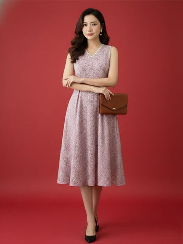 A floral-printed knee-length dress with v neckline perfect for turning heads from brunch to evening outings.