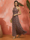 Elegant Ajrakh Full-Length Halter neck Dress