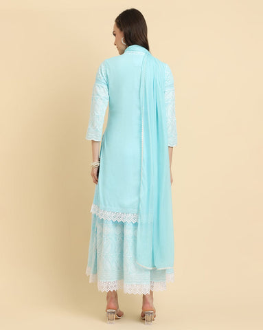 KSUT Women Blue Chikankari Kurta Attached With Skirt