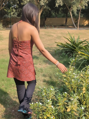 Rust Ajrakh Halter Neck With Crisscross Back Kurti