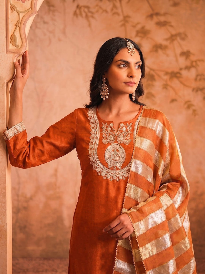 Women Rust Embroidered Kurta Set With Striped Dupatta