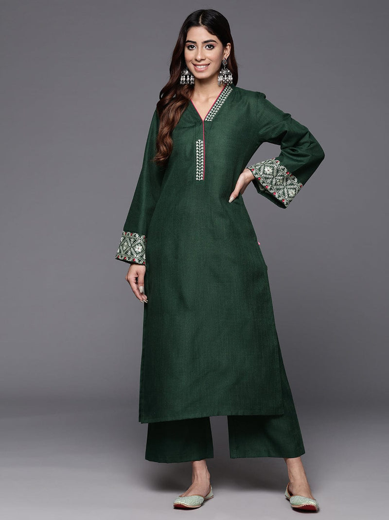 Varanga Women Green Embroidered Long & Flared Sleeves Kurta With Tonal Bottom