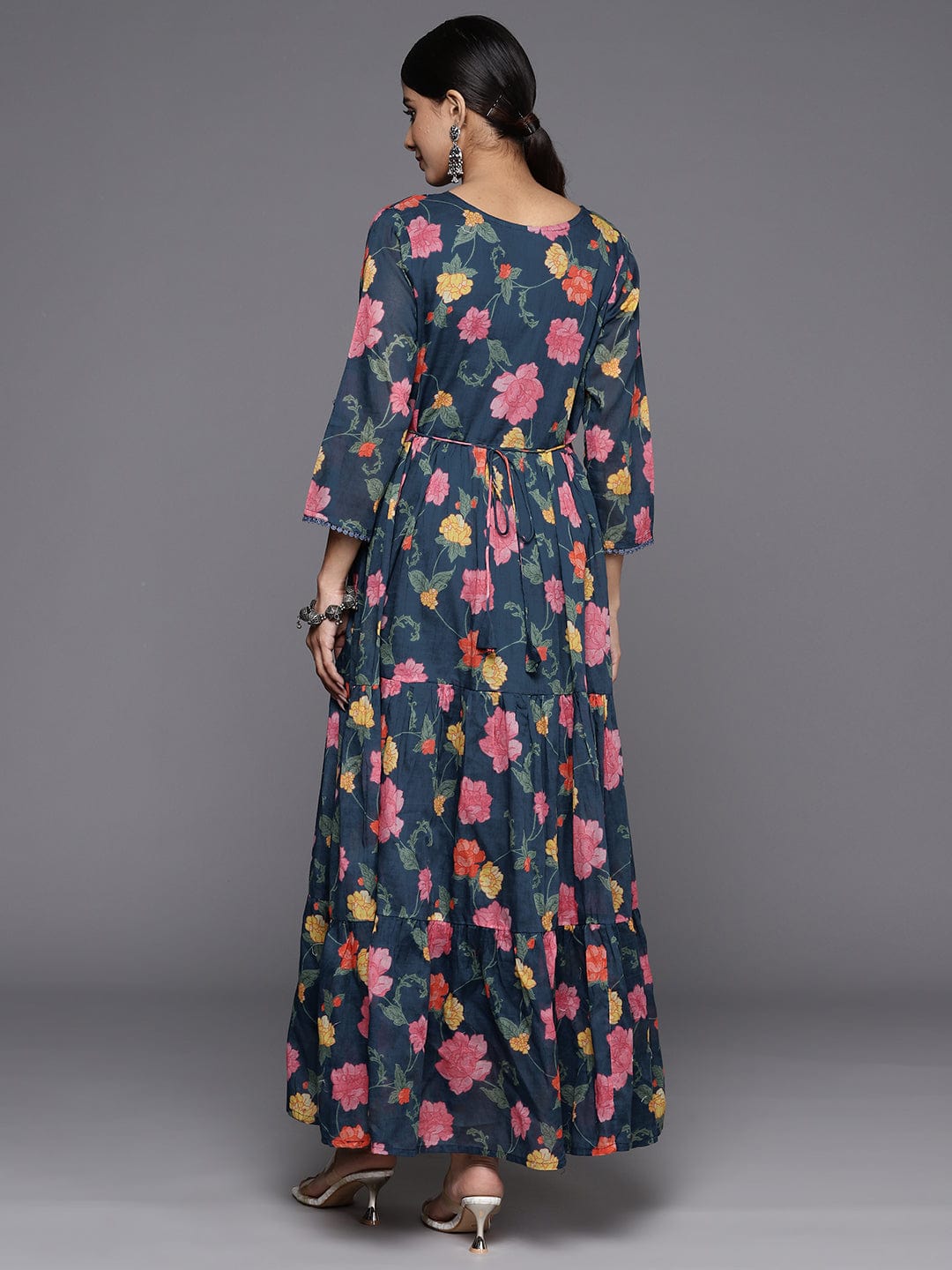 WMNS Long Sleeve Maxi Dress - Floral Print / White / Red
