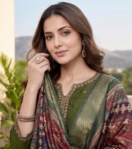 Varanga Women Olive Green Round Neck Kurta With Tonal Bottom & Printed Dupatta