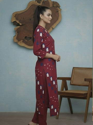 Printed Rust Red Kurta Set