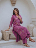 Women Geometric Embroidered Wine Kurta Set With Shirt Collar