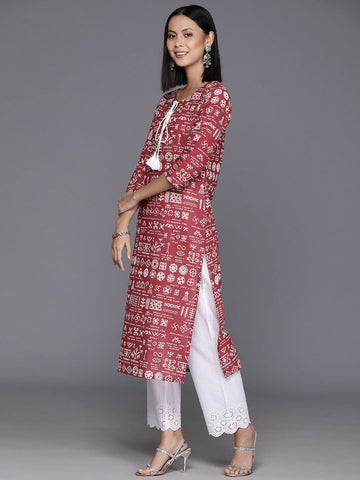 KSUT Women Maroon & White Printed Straight Kurta