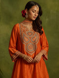 Rust Yoke Embroidered Kurta With Flared Sharara And Dupatta.