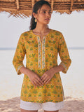Mustard Yellow Botanical Print Notch-Neck Short Kurta