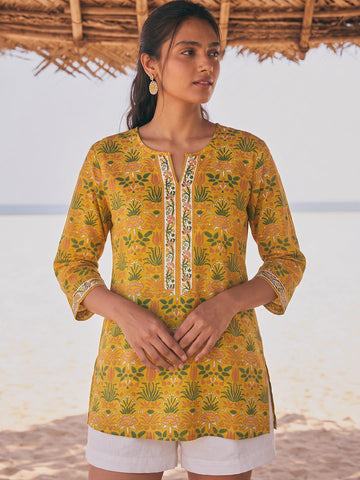 Mustard Yellow Botanical Print Notch-Neck Short Kurta