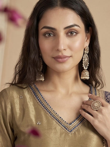 Varanga Women Kurta Set With Intricate Lace Detailing And Solid Ankle-Length Trousers, And Printed Dupatta.