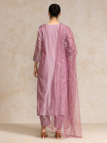 Varanga Women Mauve Zari Yoke Design Chanderi Silk Kurta with Trousers & Dupatta