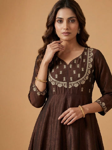 Women's Mocha Elegance Embroidered Anarkali Set